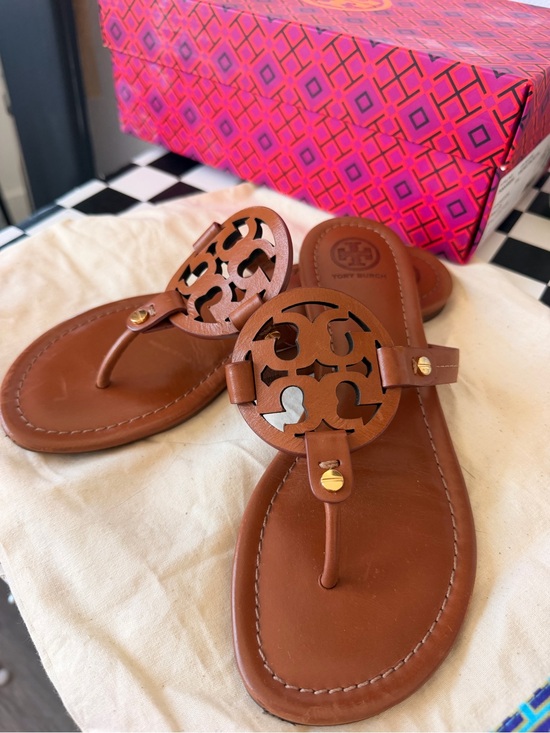 Tory Burch Shoes - Tory Burch Brown Leather Logo Thong Sandals
